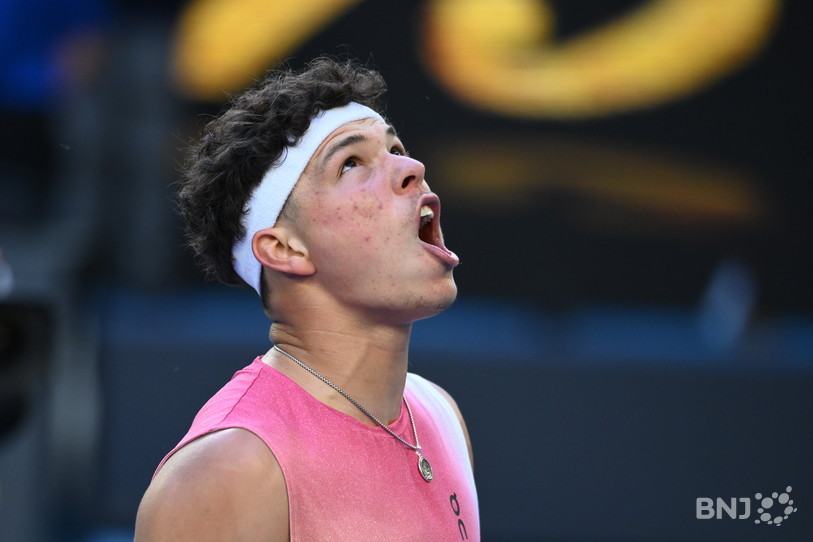Ben Shelton of USA celebrates his quarterfinal against Lorenzo Sonego of Italy during the 2025 Australian Open at Melbourne Park in Melbourne, Australia, 22 January 2025.