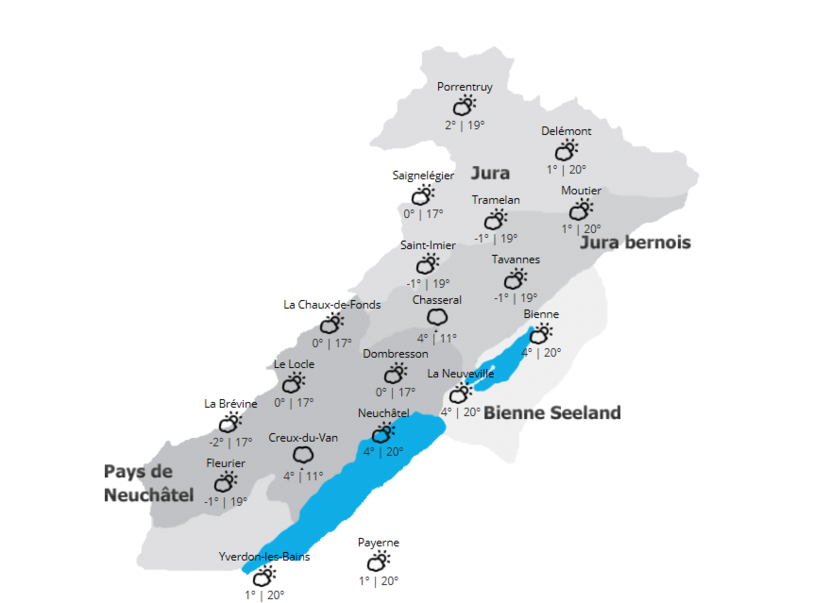 Carte de l'arc jurassien avec températures