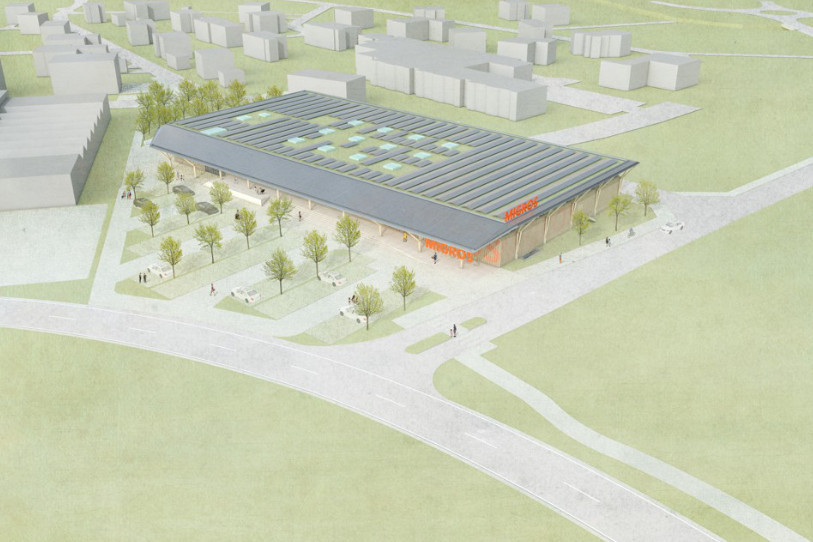 L'implantation du futur magasin Migros prévu à Bassecourt est étroitement lié à la première étape de la « Tangente Nord-Est ». (Image : archives/BGM ARCHITEKTEN Basel).