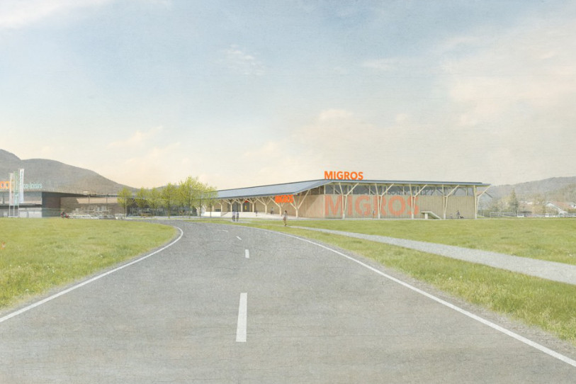 Le projet en gestation vu depuis l'arrivée de l'A16. (Image : BGM ARCHITEKTEN Basel).