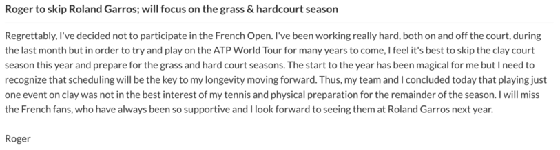 Le communiqué de Roger Federer