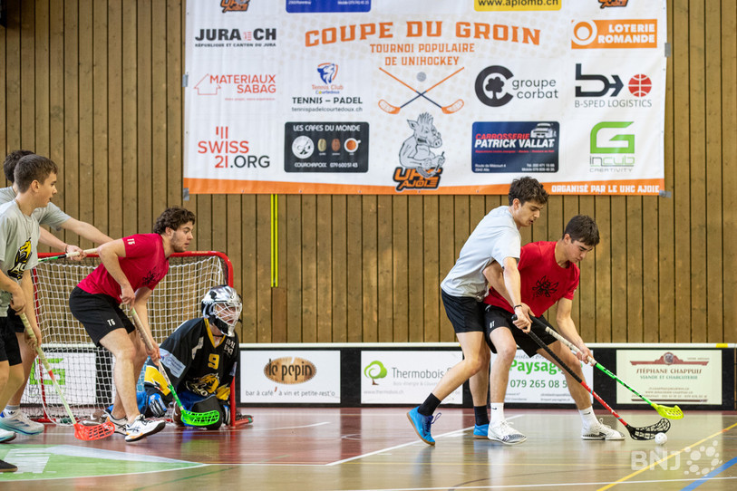 De nombreux sportifs se sont mis à l’unihockey ce samedi à Boncourt. (Photo : Guillaume Hentzi).
