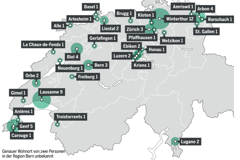 La carte publiée par le Tages Anzeiger liste 72 djihadistes en Suisse.