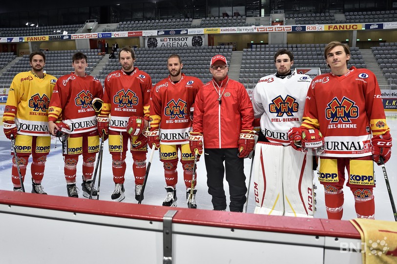 Les nouveaux transferts: Dominik Diem, Kristian Suleski, Beat Forster, Jason Fuchs, Anders Olsson (entraîneur assistant, Maxime Baud et Samuel Kreis.
