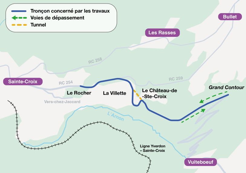 Carte des travaux entre Sainte-Croix et Vuiteboeuf. (Photo : Canton de Vaud, Direction générale de la mobilité et des routes).