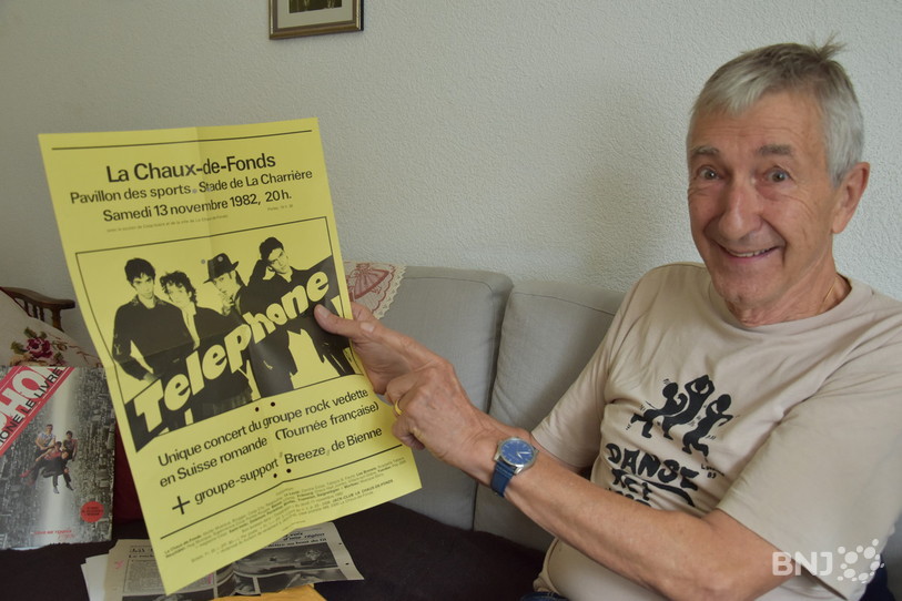 Jack Frey, l'organisateur du concert de Téléphone en 1982 au pavillon des sports de La Chaux-de-Fonds et l'affiche de cette soirée.