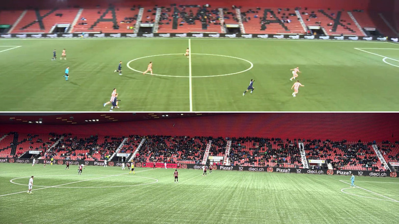 La différence de fréquentation est bien visible au travers de ces deux illustrations En haut, le match contre Vaduz le vendredi 14 février. En bas, le match de ce dimanche 16 mars contre Stade Nyonnais. (Photos : Blue News- BNJ)