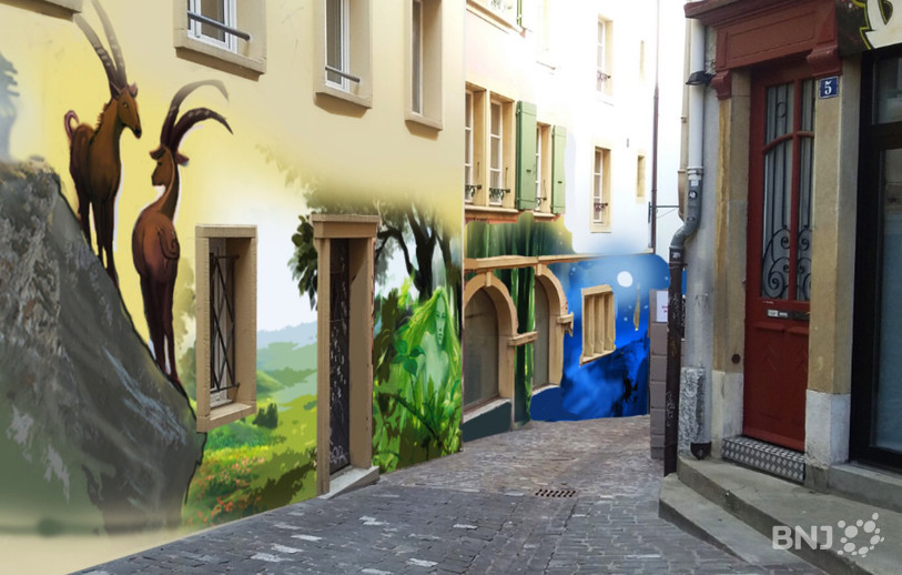 Photomontage de la fresque qui verra le jour à la rue du Neubourg. (Photo : Ville de Neuchâtel)