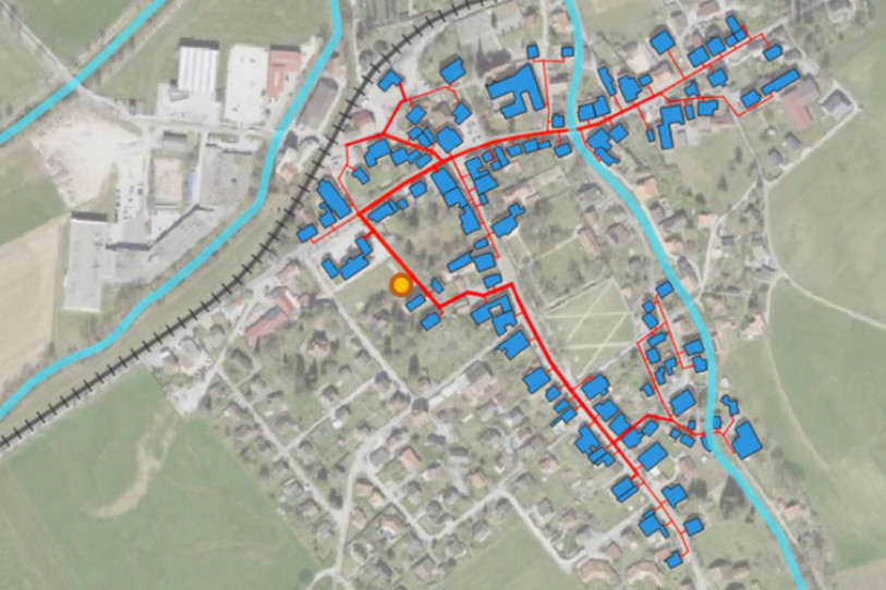 Le plan de la zone de desserte principale identifiée dans l’étude préliminaire du chauffage à distance de Môtiers. (Photo : Commune de Val-de-Travers).