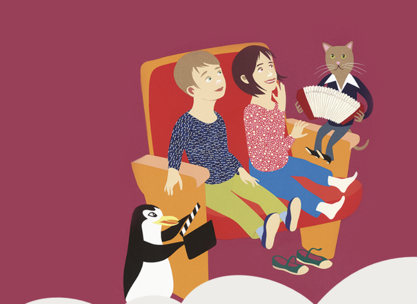 Dessin qui représente un adulte et un enfant assis au cinéma