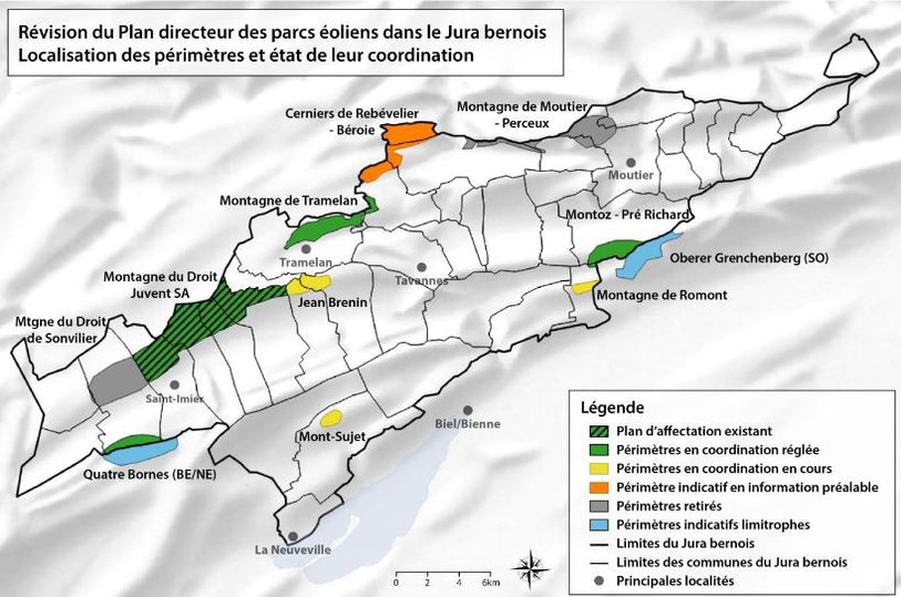Les nouveaux parcs éoliens verraientl le jour dans les zones marquées en jaune sur la carte. (Source: ARJB)