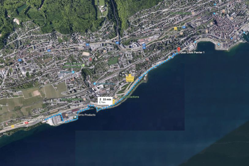 Le parcours réalisé en voiture se fait normalement à pied ou à vélo. Capture d'écran google maps.