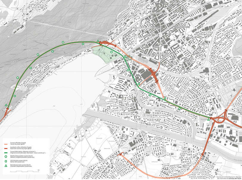 La proposition des opposants prévoit la construction d'un tunnel de cinq kilomètres longeant la gare et le lac. Elle renonce aussi aux deux jonctions à ciel ouvert. (Visualisation Comité Axe ouest pas comme ça)