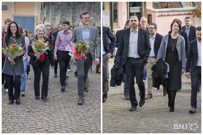 Le Conseil d'État neuchâtelois avec de gauche à droite : Céline Vara (Les Vert-e-s), Florence Nater (PS), Frédéric Mairy (PS), Laurent Favre (PLR) et Crystel Graf (PLR). (Photos : Bertrand Pfaff).