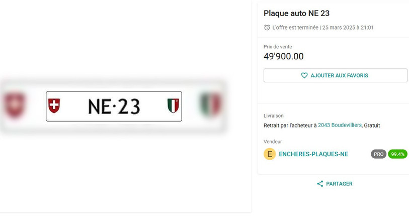 La plaque numéro NE 23 s'est vendue mardi soir à 49'900 francs. (Photo : Ricardo.ch)