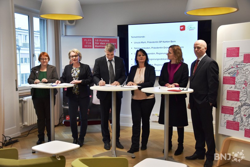 Nathalie Imboden (co-présidente des Verts), Ursula Marti (présidente du PS Berne), Christoph Ammann (PS), Christine Häsler (Les Verts), Evi Allemann (PS), Christophe Gagnebin (PSJB)