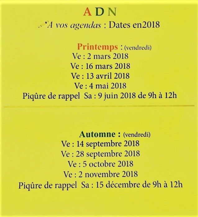 Agenda ADN pour le printemps et l'automne