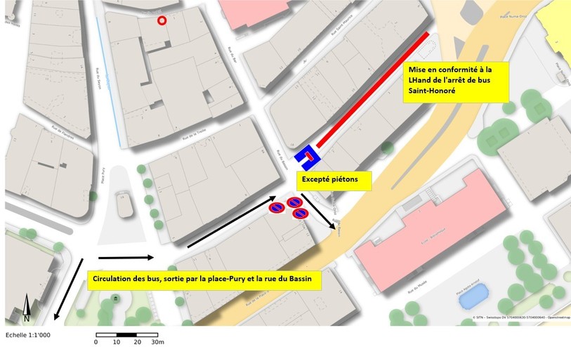 Le plan indique la régulation du trafic pendant la durée des travaux. (Photo: Géoportail du système d'information du territoire neuchâtelois) 
