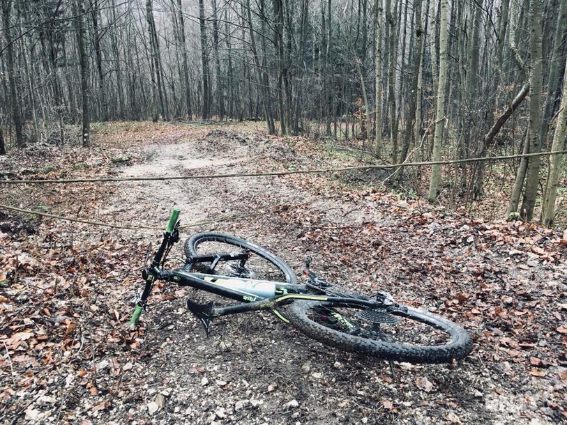La vététiste de Péry Katja Montani évité de justesse une liane tendue au milieu d'un chemin forestier entre Péry et Frinvilier