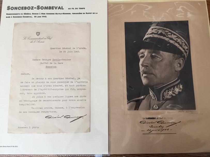 Une photo et une lettre du Général Guisan font partie de la Collection René Rimaz