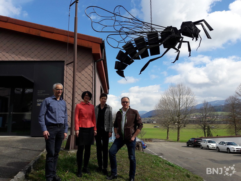 de gauche à droite : Olivier Girardin, directeur de la Fédération rurale interjurassienne (FRI)/Marta Kos Marko, ambassadrice de Slovénie en Suisse/Sonia Burri-Schmassmann, présidente Société romande d'apiculture et formatrice/Olivier Boillat, responsable communication FRI