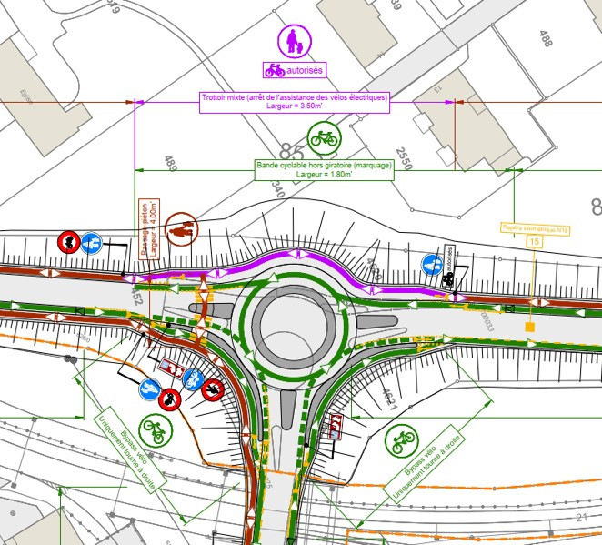 La réfection veut favoriser la mobilité douce. En vert, les aménagements pour les cyclistes et en rouge, les aménagements pour les piétons (Photo : UETP).