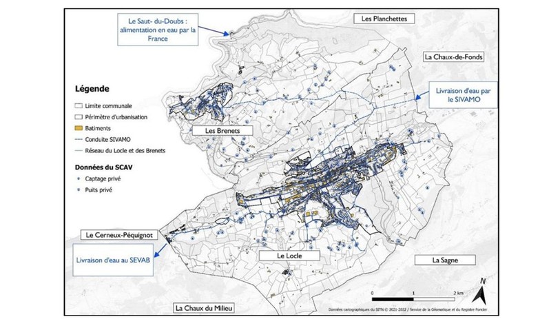Plan des conduites d'eau actuelles qui relient Les Brenets au Locle. (Image : Ville du Locle)