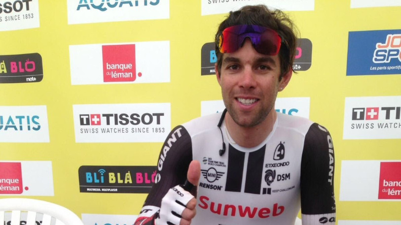 Le sourire de Michael Matthews à l'arrivée à Fribourg (photo : Twitter @TourDeRomandie)