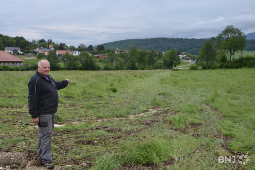 Jean-Pierre Wüthrich montre le chemin pris par l'eau au milieu de ses champs.