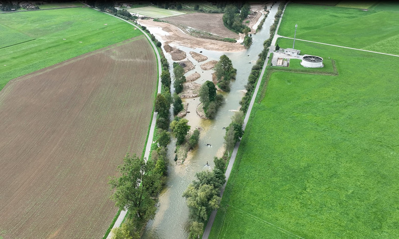 Le Bied de Môtiers forme désormais un delta avant de se jeter dans l'Areuse. (Photo : Commune de Val-de-Travers)