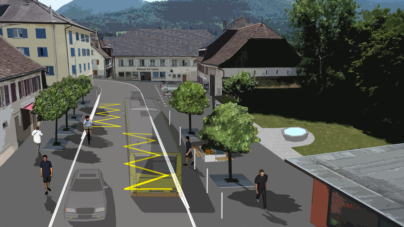 Au centre de Courrendlin, les trottoirs seront élargis, des arbres plantés et les arrêts de bus réaménagés. (Photo : Afry.)