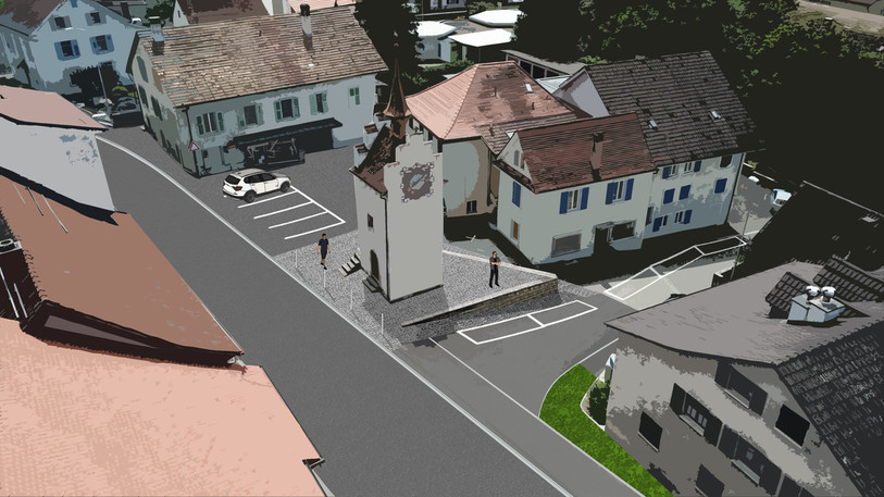 Le patrimoine de Courrendlin, ici la Tour de l'horloge, sera valorisé. (Photo : Afry.)