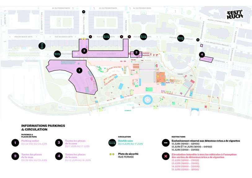 Plan des restrictions de circulation et de stationnement. (image : Festi'neuch)