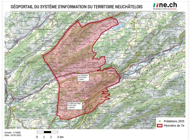Le périmètre de tir défini par les Cantons de Neuchâtel et Vaud. (Carte: Feuille officielle du Canton de Neuchâtel).