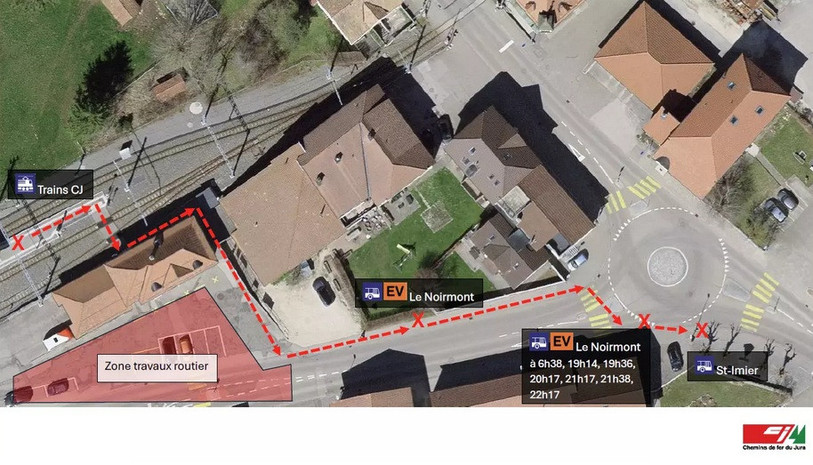 Le plan de situation à la rue de la Gare aux Breuleux pour les bus de remplacement. (Photo : CJ).