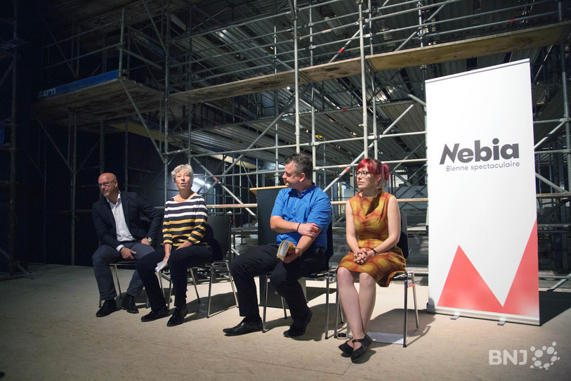 De gauche à droite Cédric Némitz, directeur de la Culture, Barbara Schwickert, directrice des Travaux publics, David Gaffino, président de la fondation des Spectacles français et Marynelle Debétaz, directrice de Nebia