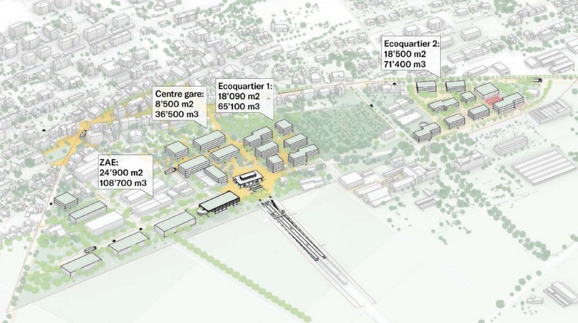 Le projet intègre deux écoquartiers, une zone d'activités économiques et un centre gare. (Plan : bureaux KCAP et Metron)
