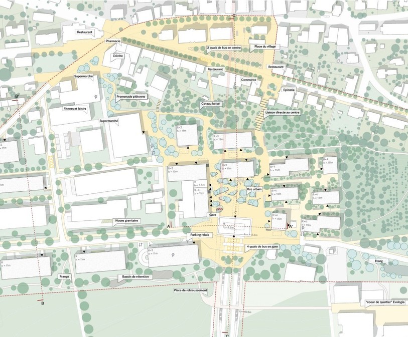 Le plan d'ensemble de la zone élargie du pôle de la gare de Cernier. (Plan : bureaux KCAP et Metron)