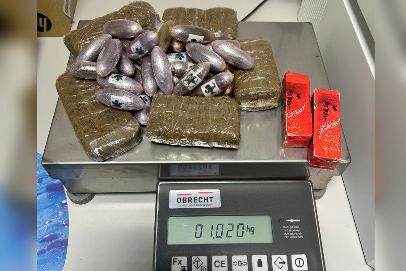 Plus d'un kilo de haschich a été saisi à Porrentruy lors d'une patrouille mobile. (Photo : OFDF.)