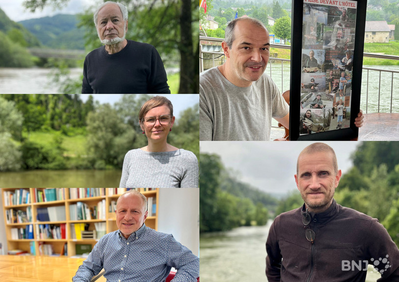Quelques-uns des interlocuteurs de la série (de haut en bas, à gauche puis à droite ) : Ami Lièvre, co-président des pêcheurs jurassiens, Aline Chapuis, responsable de Doubs vivant, Laurent Gogniat, chef adjoint au Service jurassien de l'environnement, Claude-Alain Cachot, restaurateur à Goumois, et Patrice Malavaux, pour la société de pêche La Franco-Suisse.