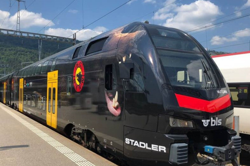 Ici en gare de Bienne, le train aux couleurs du CP Berne sillonne le réseau BLS. (Photo: Facebook Erich Fehr)