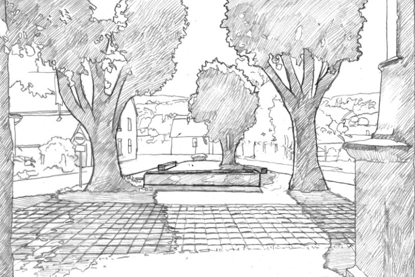 Place des Tilleuls aménagée selon une projection dessinée. (Dessin : Nicolas Babey, HEG Arc)
