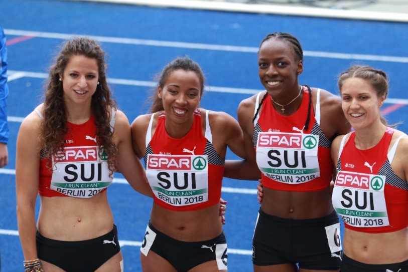 Le relais suisse du 4x400m était à moitié jurassien ! De gauche à droite : Fanette Humair, Rachel Pellaud, Yasmin Giger, Robine Schürmann. (Photo : Christian Vernier)