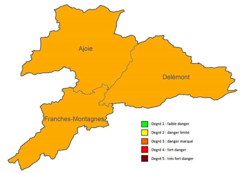 Le degré de danger d'incendie de forêt est désormais de 3 sur 5 dans tout le canton (carte : jura.ch)