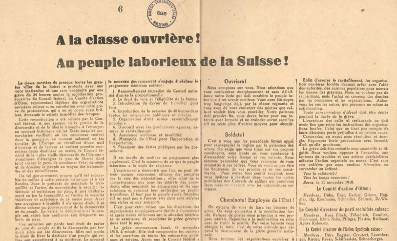 L'appel à la grève générale de 1918. Source: archives de l'Union syndicale suisse. 