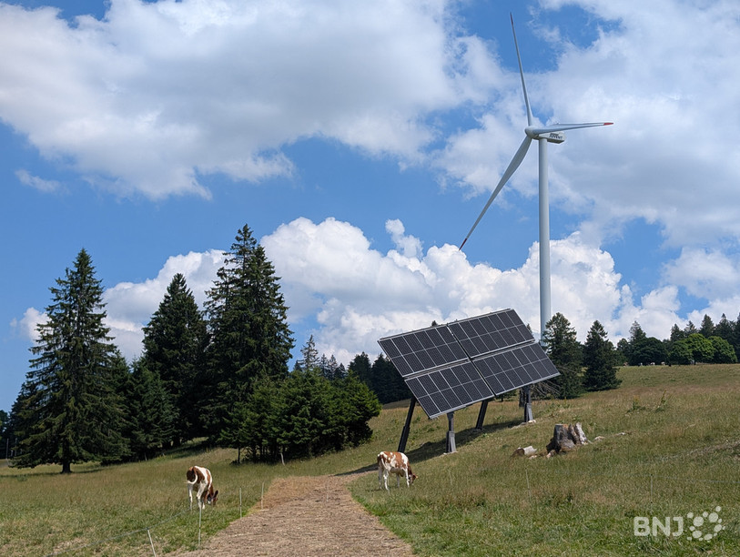 La cohabitation entre production de courant photovoltaïque et agriculture durable est observée par des scientifiques à Mont-Soleil.