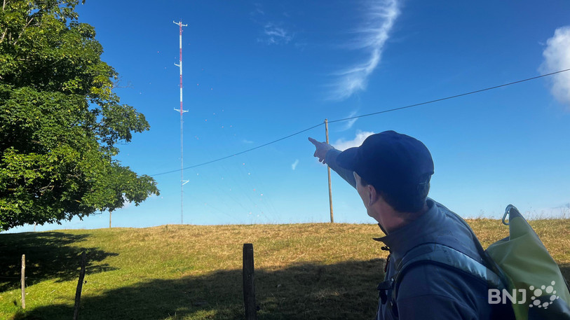 Emmanuel Contesse, ingénieur en gestion de la nature, au pied d'un mât de mesure posée en mai 2024.