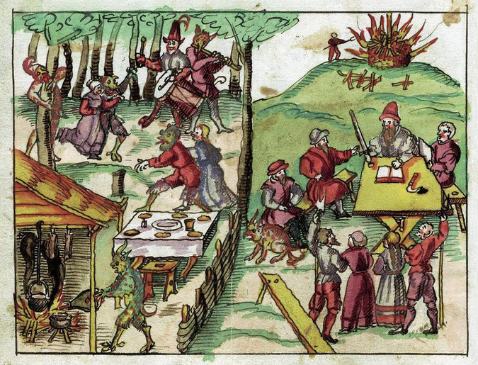 1568: Deux sorcières de Cerlier (BE). Ce qui arriva à deux sorcières de la campagne bernoise au milieu du XVIe siècle. Illustration dans la chronique du chanoine Johann Jakob Wick (Zentralbibliothek Zürich, Handschriftenabteilung, Wickiana, Ms. F 18, fol. 146v).