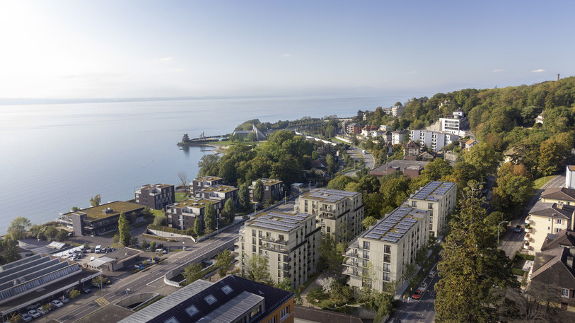 Les quatre immeubles du projet Millefiori à Monruz seront érigés dans un parc arboré et végétalisé, à deux pas du lac. (Image : CCHE Lausanne)