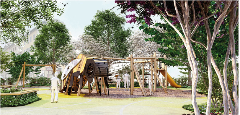 La modélisation de la future place de jeux de la place des Lilas, sur la thématique de l'univers des abeilles. (Photo : Realsport)